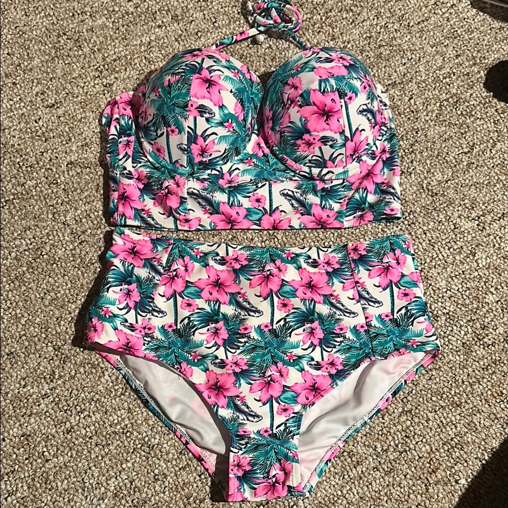 Floral Bikini Set with Pink and Green Design NWOT